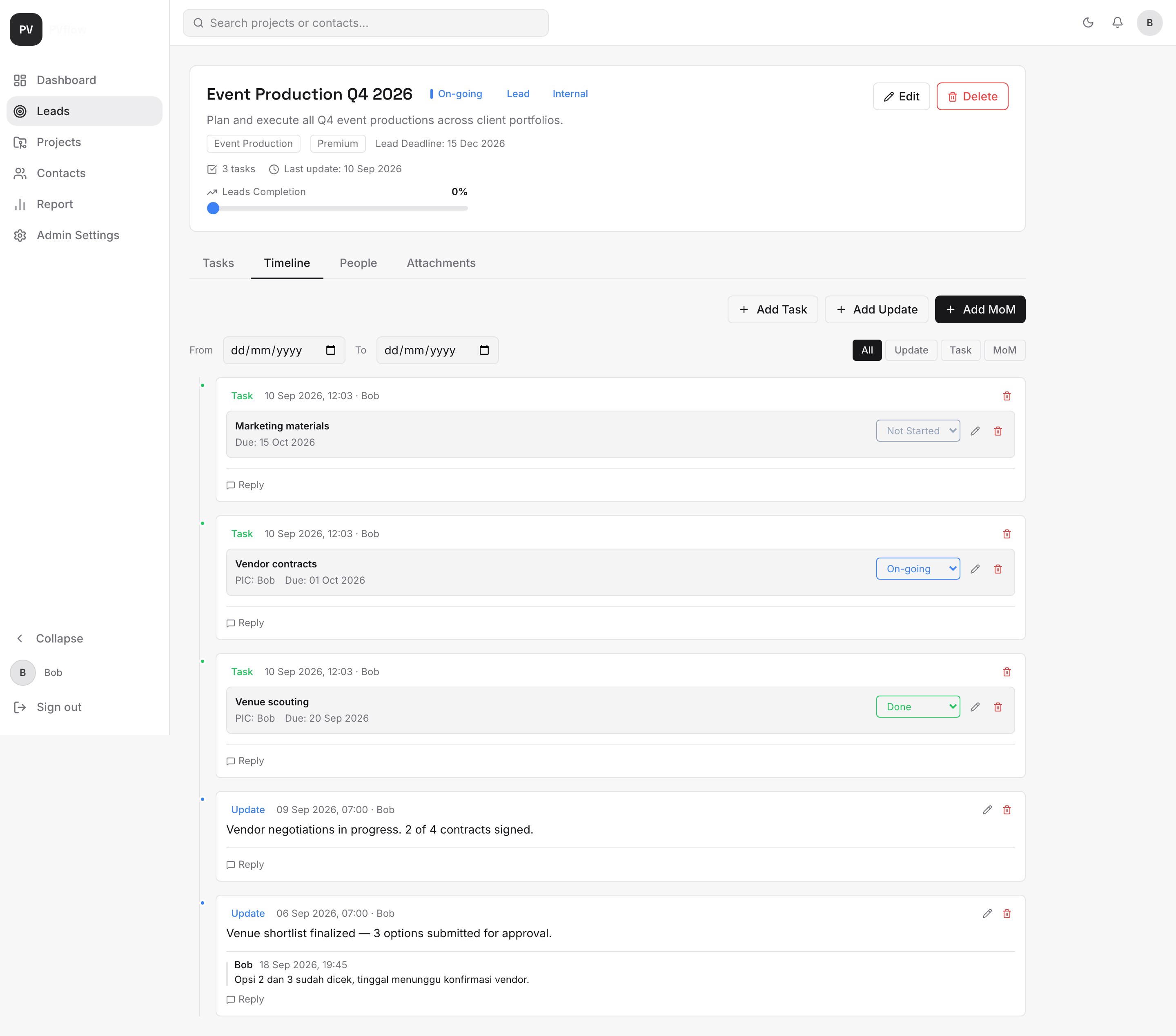 Detail lead tab Timeline