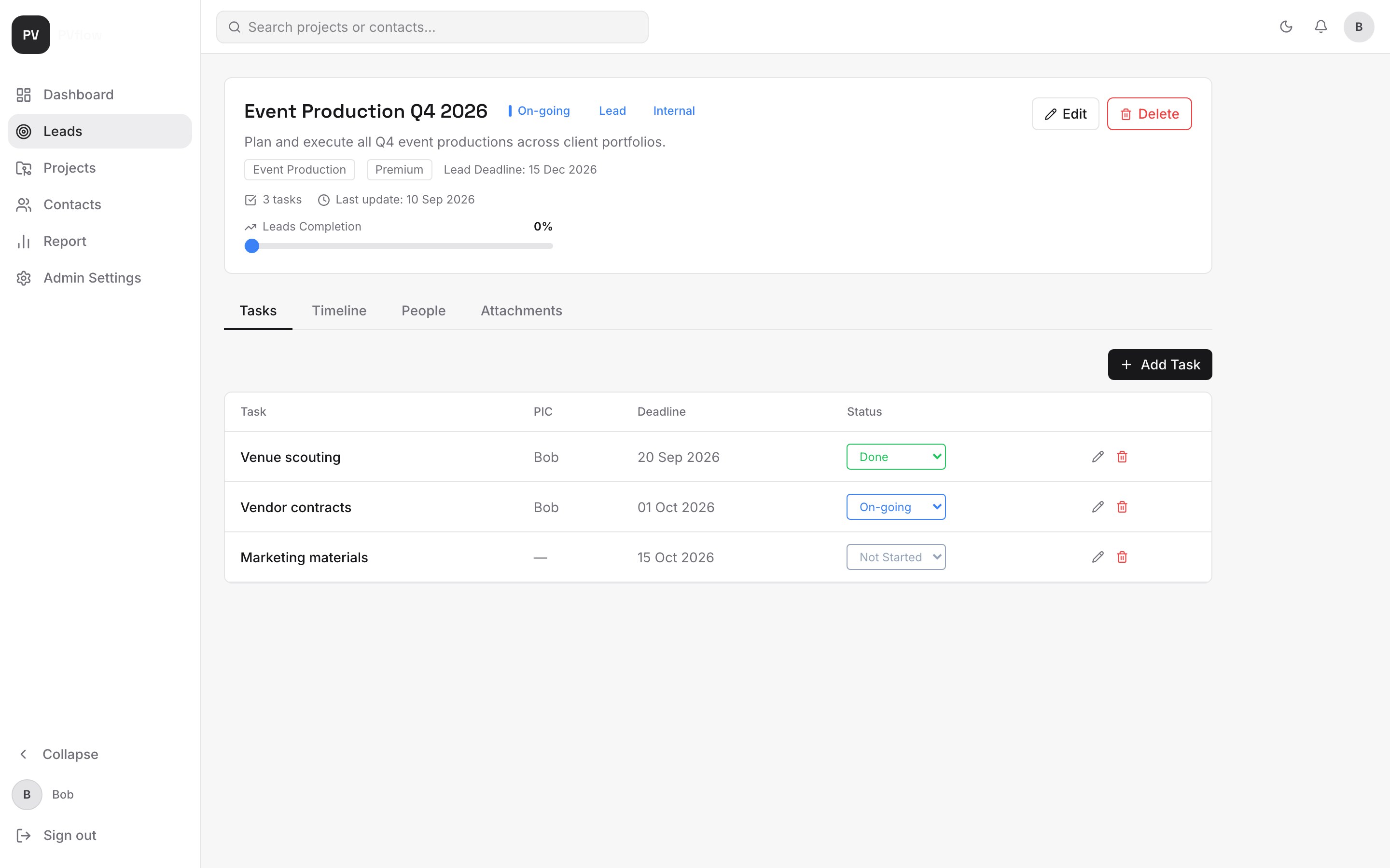 Tab Tasks pada detail lead