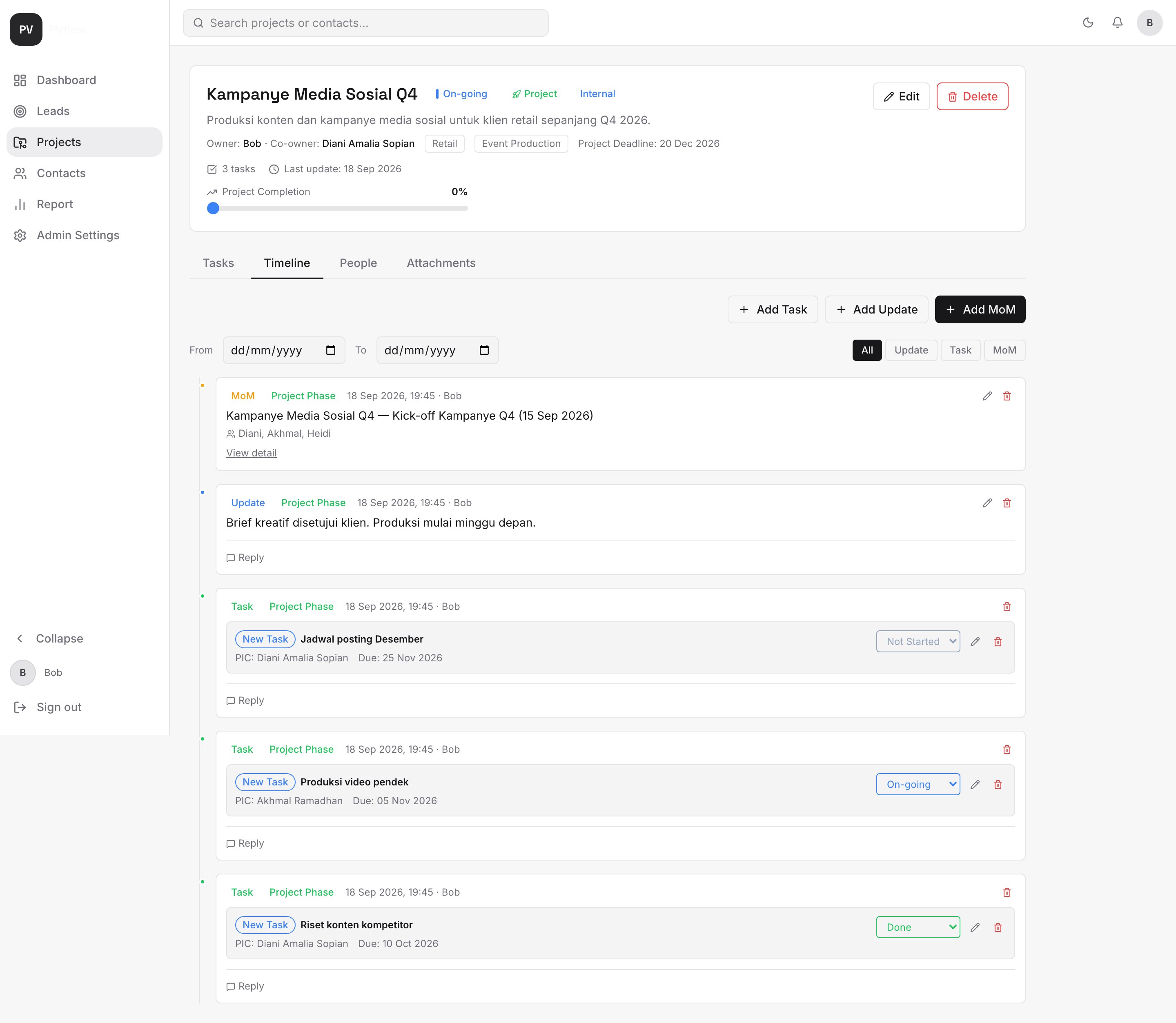 Detail project tab Timeline